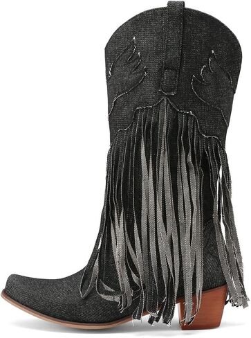 KISSASA Fringe Denim Cowgirl Boots Pointed Toe Mid Claf Cowboy Boots Chunky Stacked Heel Western Boots in Saudi Arabia