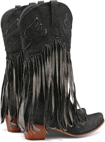 KISSASA Fringe Denim Cowgirl Boots Pointed Toe Mid Claf Cowboy Boots Chunky Stacked Heel Western Boots in Saudi Arabia