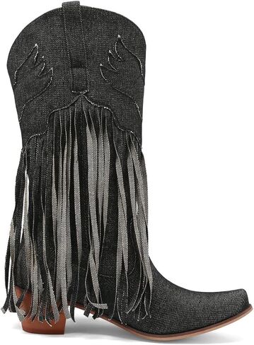 KISSASA Fringe Denim Cowgirl Boots Pointed Toe Mid Claf Cowboy Boots Chunky Stacked Heel Western Boots in Saudi Arabia