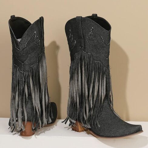 KISSASA Fringe Denim Cowgirl Boots Pointed Toe Mid Claf Cowboy Boots Chunky Stacked Heel Western Boots in Saudi Arabia