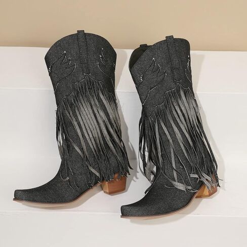KISSASA Fringe Denim Cowgirl Boots Pointed Toe Mid Claf Cowboy Boots Chunky Stacked Heel Western Boots in Saudi Arabia