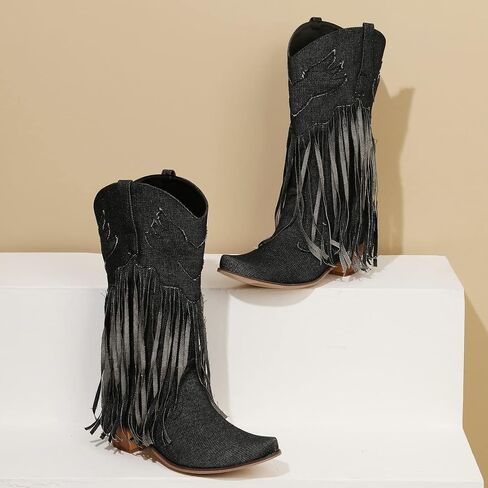 KISSASA Fringe Denim Cowgirl Boots Pointed Toe Mid Claf Cowboy Boots Chunky Stacked Heel Western Boots in Saudi Arabia