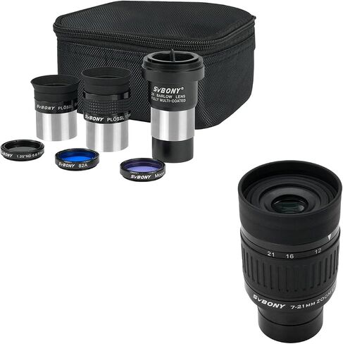 SVBONY SV135 1.25" Zoom Eyepiece, Zoom 7 to 21mm Telescope Eyepiece 5 Element 3 Group Bundle with SV233 7PCS Telescope Accessory Kit, 2 Plossl Eyepieces, 3 Filters, for Astronomical Observations in Saudi Arabia