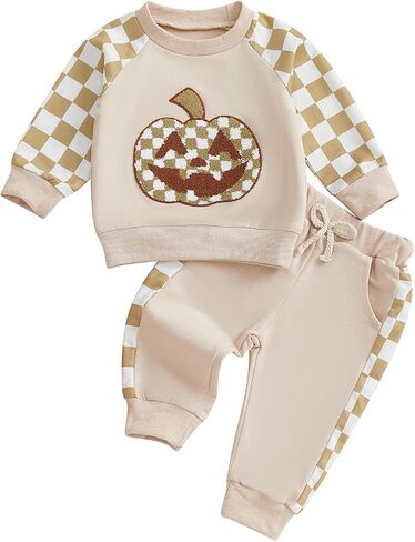 Baby Boy Halloween Outfit Pumpkin Embroidery Sweatshirt Top Jogger Pant Set in Saudi Arabia