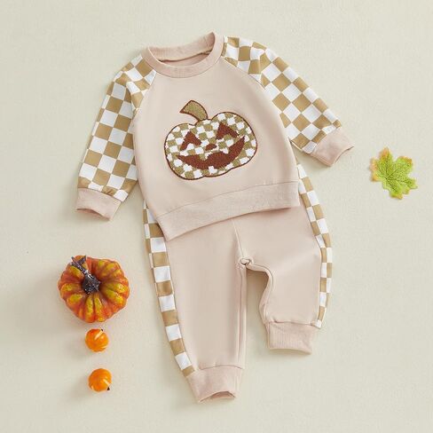 Baby Boy Halloween Outfit Pumpkin Embroidery Sweatshirt Top Jogger Pant Set in Saudi Arabia