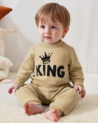 Jecson Baby Boy Clothes Infant Outfits Set Toddler Sweatsuit 0-3Y | Soft 2-piece baby boys' clothing sets with KING crown print, ribbed trim, elastic waist, ideal for fall winter wear in Saudi Arabia