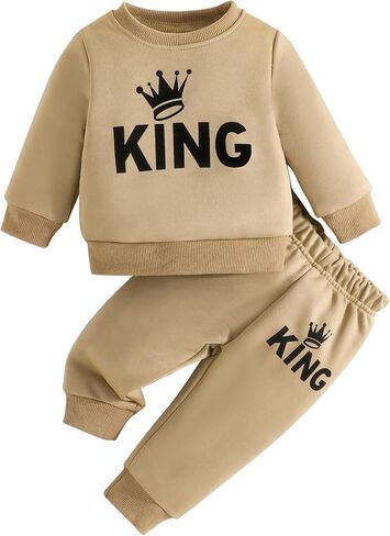 Jecson Baby Boy Clothes Infant Outfits Set Toddler Sweatsuit 0-3Y | Soft 2-piece baby boys' clothing sets with KING crown print, ribbed trim, elastic waist, ideal for fall winter wear in Saudi Arabia