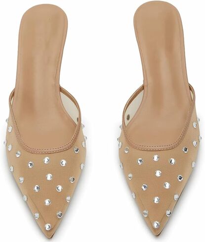 GORZADEUL Women Kitten Heel Mesh Rhinestone Mules Embellished Tulle Mules for Women Slip On Clear Pointed Toe Dress Shoes in Saudi Arabia
