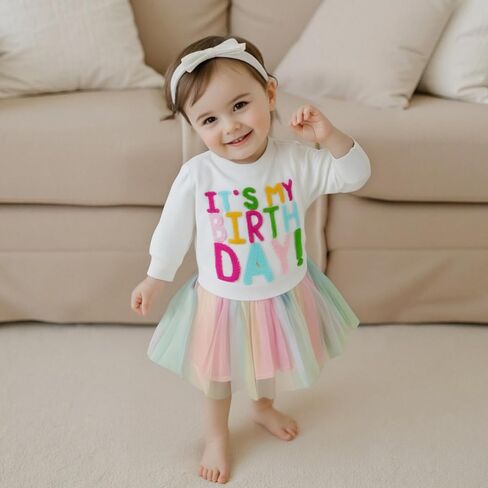 Toddler Baby Girl Birthday Outfit It’s My Birthday Letter Embroidery Long Sleeve Dress Tulle Clothes in Saudi Arabia