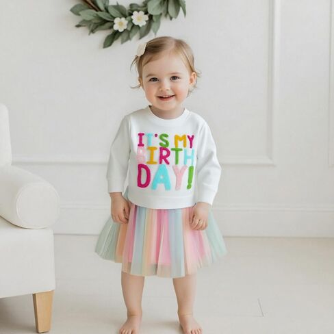 Toddler Baby Girl Birthday Outfit It’s My Birthday Letter Embroidery Long Sleeve Dress Tulle Clothes in Saudi Arabia