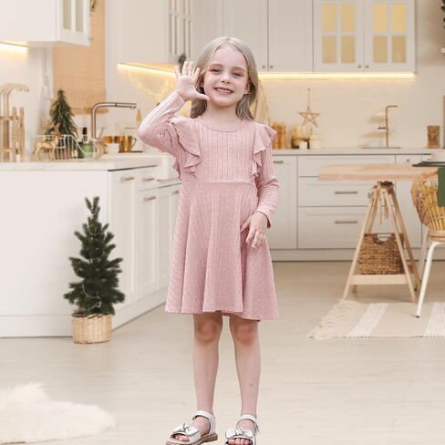 Toddler Baby Girl Dress Long Sleeve Baby Sweater Dress Fall Winter Ruffle Ribbed Knit A-Line Clothes for Little Girl in Kuwait
