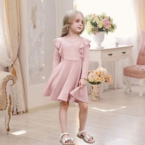 Toddler Baby Girl Dress Long Sleeve Baby Sweater Dress Fall Winter Ruffle Ribbed Knit A-Line Clothes for Little Girl in Kuwait