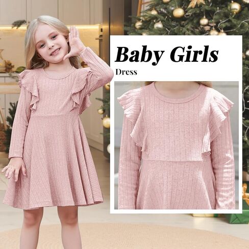 Toddler Baby Girl Dress Long Sleeve Baby Sweater Dress Fall Winter Ruffle Ribbed Knit A-Line Clothes for Little Girl in Kuwait