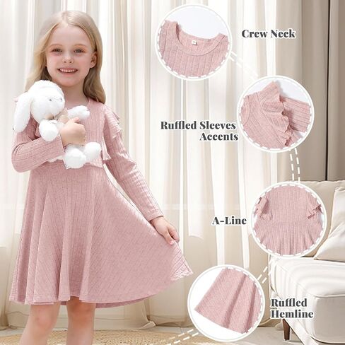 Toddler Baby Girl Dress Long Sleeve Baby Sweater Dress Fall Winter Ruffle Ribbed Knit A-Line Clothes for Little Girl in Kuwait