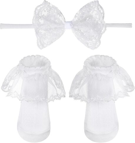 Baby Lace Bow Bead and Sock Set Set Toddler Cuffle Cotton Cotton Socks White Malasting Beadbands Association for Infant Newborn (من 0 إلى 12 شهرًا) in Saudi Arabia