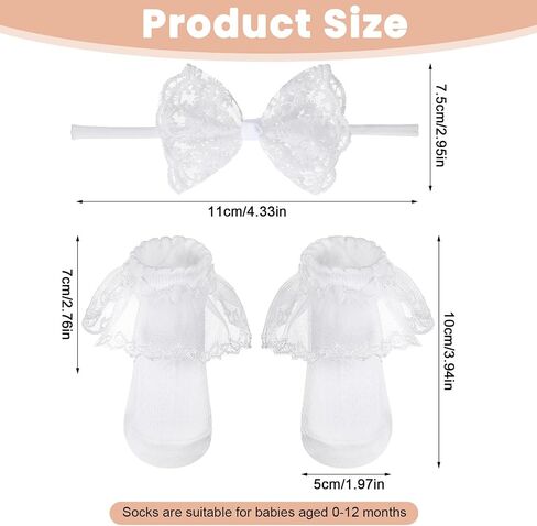 Baby Lace Bow Bead and Sock Set Set Toddler Cuffle Cotton Cotton Socks White Malasting Beadbands Association for Infant Newborn (من 0 إلى 12 شهرًا) in Saudi Arabia