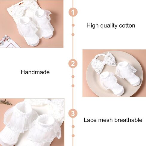 Baby Lace Bow Bead and Sock Set Set Toddler Cuffle Cotton Cotton Socks White Malasting Beadbands Association for Infant Newborn (من 0 إلى 12 شهرًا) in Saudi Arabia