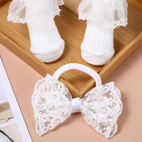 Baby Lace Bow Bead and Sock Set Set Toddler Cuffle Cotton Cotton Socks White Malasting Beadbands Association for Infant Newborn (من 0 إلى 12 شهرًا) in Saudi Arabia