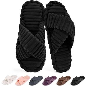 ZOORON Open Toe Slippers for Women Fuzzy Slippers Cross Band Cozy Memory Foam Slip On Plush House Shoes Indoor Outdoor Slide Slipper in Kuwait