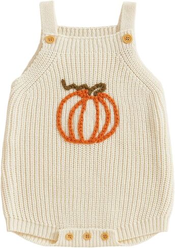 Newborn Baby Girl Halloween Outfit Pumpkin Knit Romper Overalls | Newborn Baby Girl Halloween Outfit Knit Sweater Pumpkin Embroidery Romper Overalls Sleeveless Jumpsuit Cute Clothes in Saudi Arabia