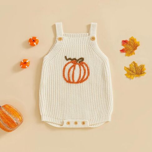 Newborn Baby Girl Halloween Outfit Pumpkin Knit Romper Overalls | Newborn Baby Girl Halloween Outfit Knit Sweater Pumpkin Embroidery Romper Overalls Sleeveless Jumpsuit Cute Clothes in Saudi Arabia