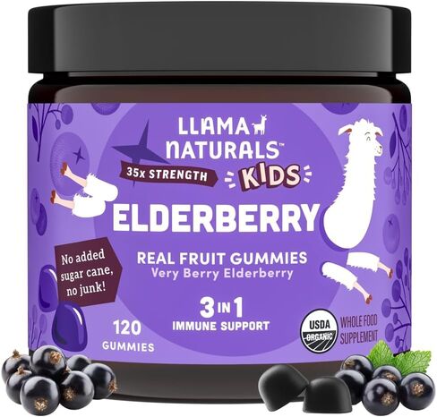 Llama Naturals Real Fruit Sambucus Elderberry Gummies for Kids | No Added Sugar Cane, Vegan, Organic Immune Support | Zinc & Natural Vitamin C | Children Immunity Boost | 60 ct (30 Day Supply) in Saudi Arabia