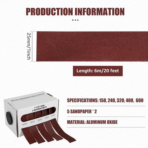 Emery Cloth Roll Assortment, 6 Grits, 1 Inch x 19.7 ft (6m) Sandpaper Roll | 150 240 320 400 600, Emery Cloth for Metal, Wood, Automotive and Furniture, Wet/Dry Abrasive Cloth with Dispenser in Saudi Arabia