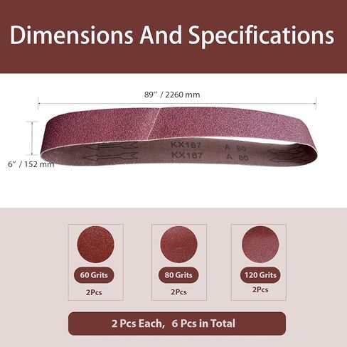 6x89 Inch Sanding Belts, 2 Pcs per Grit (6 Pcs Total) 60/80/120 Grits Aluminum Oxide Abrasive Belts Multi-Grit Assortment for Wood & Metal Sanding/Polishing, Fits Belt Sander in Kuwait