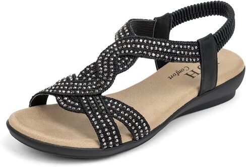 VJH confort Women's Flat Sandals Rhinestone Stretchy Strap Low Wedge Comfy Dressy Walking Sandals in Saudi Arabia
