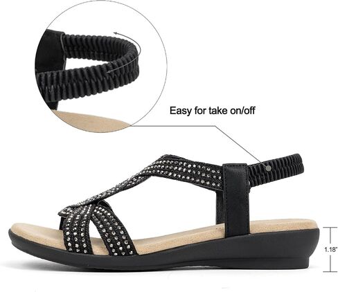 VJH confort Women's Flat Sandals Rhinestone Stretchy Strap Low Wedge Comfy Dressy Walking Sandals in Saudi Arabia