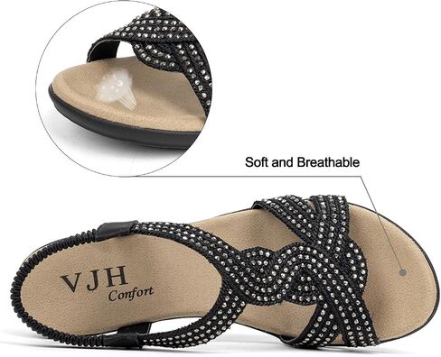 VJH confort Women's Flat Sandals Rhinestone Stretchy Strap Low Wedge Comfy Dressy Walking Sandals in Saudi Arabia