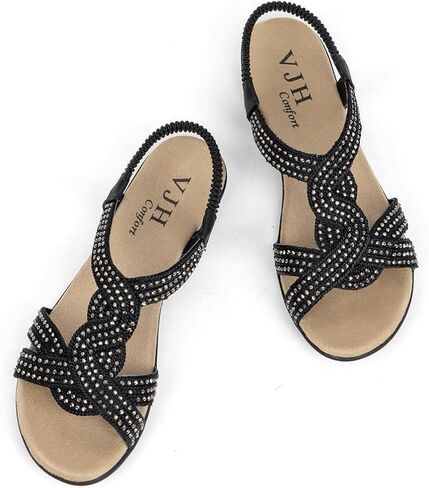 VJH confort Women's Flat Sandals Rhinestone Stretchy Strap Low Wedge Comfy Dressy Walking Sandals in Saudi Arabia
