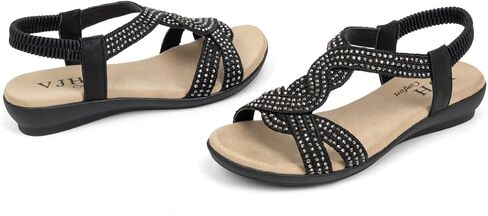 VJH confort Women's Flat Sandals Rhinestone Stretchy Strap Low Wedge Comfy Dressy Walking Sandals in Saudi Arabia