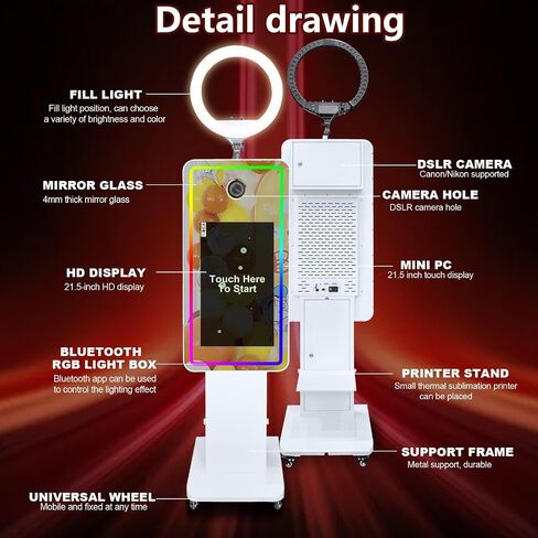 Mirror Photo Booth with 21.5" Touchscreen, APP Control & Instant Printing, Portable DSLR Photo Booth Includes RGB Ring Light & Flight Case for Wedding Parties Events (Photo Booth + Printer + Camera) in Saudi Arabia