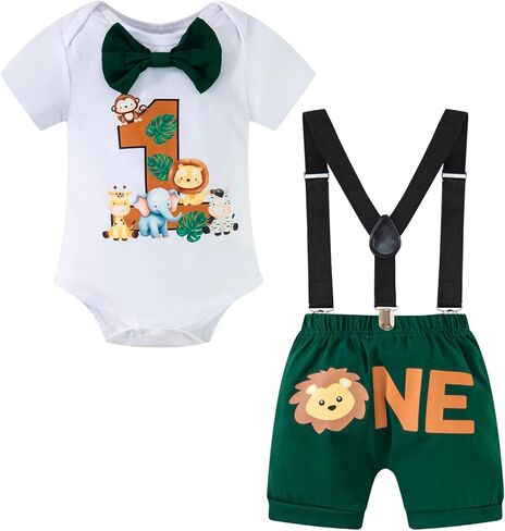 Yruiz Baby Boy Animal Forest Theme 1st Birthday Outfit Romper Shorts Set Bow Tie Suspenders Set in Kuwait