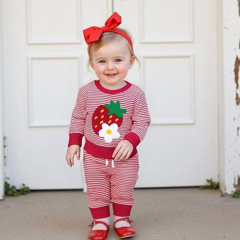 Strawberry Knit Baby Outfit Toddler Girl Strawberry Sweater Striped Knitted Pants and Top Set Fall Winter Clothes in Kuwait