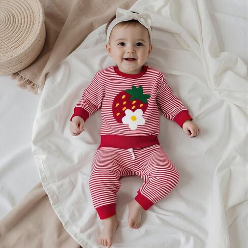 Strawberry Knit Baby Outfit Toddler Girl Strawberry Sweater Striped Knitted Pants and Top Set Fall Winter Clothes in Kuwait