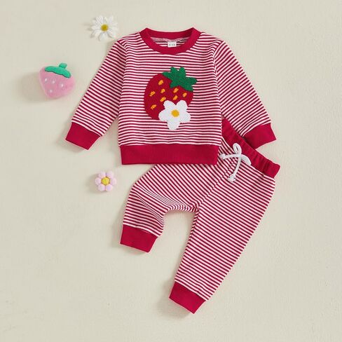 Strawberry Knit Baby Outfit Toddler Girl Strawberry Sweater Striped Knitted Pants and Top Set Fall Winter Clothes in Kuwait