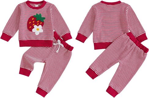 Strawberry Knit Baby Outfit Toddler Girl Strawberry Sweater Striped Knitted Pants and Top Set Fall Winter Clothes in Kuwait