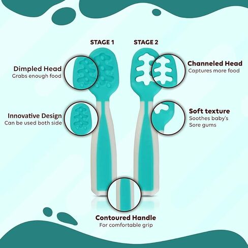 Baby Spoons, Silicone Pre-Spoons for Kids Aged 6+ Months - First and Second Stage Feed, Baby Led Weaning, Teething, Infant Feeding - Toddler Utensils - Set of 2 Spoons, Teal/White in Saudi Arabia