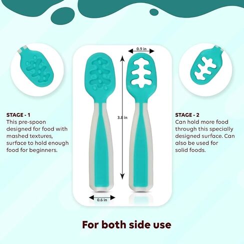 Baby Spoons, Silicone Pre-Spoons for Kids Aged 6+ Months - First and Second Stage Feed, Baby Led Weaning, Teething, Infant Feeding - Toddler Utensils - Set of 2 Spoons, Teal/White in Saudi Arabia