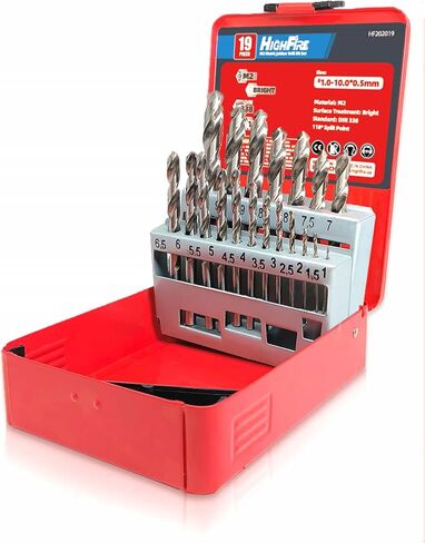 Highfire 19pcs HSS Metric Drill Bits مجموعة ، 1-10 مم تويست طول الطول بطولة البتات الحفر للمعادن الصلبة ، الحديد الزهر ، الفولاذ المقاوم للصدأ مع حالة فهرس in Kuwait