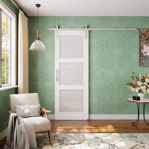White 3 Lite Frosted Glass Nickel barn Door, 24'' x 80'' in Saudi Arabia