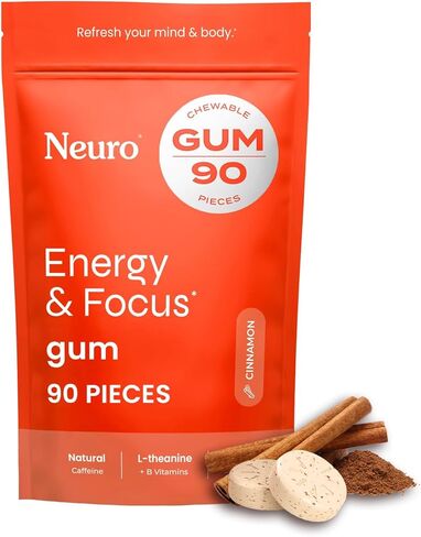 NeuroGum علكة طاقة بنكهة القرفة منشط الذهن | كافيين + إل-ثيانين + فيتامينات ب | خالي من السكر + خالي من الغلوتين + غير معدل وراثيًا + نباتي | نكهة القرفة (90 كيسًا ضخمًا) in Kuwait