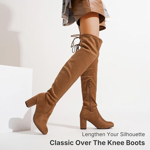 Vepose Women's Over The Knee High Boots Suede Thigh High Boot 3 Inch Chunky Heels Zipper Adjustable Opening Shoes in Kuwait