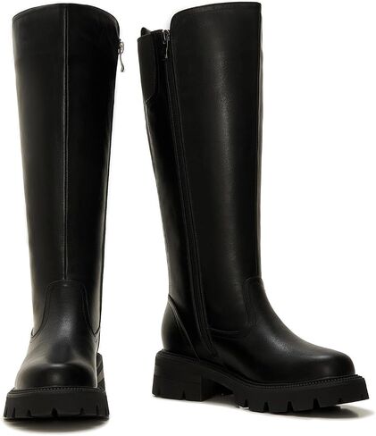 ZXHYZLZ Women's Wide Calf Knee High Platform Boots Leather Look Chunky Sole Tall Boots with Stretch Back Slip-On Comfortable Fall Winter Shoes in Saudi Arabia