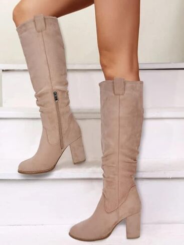 Juliet Holy Women's Knee High Boots chunky Block Heel Wide Round Round Toe Side Side Slid in Kuwait