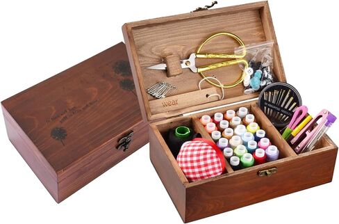 Sewing Kit, Wooden Sewing Kit Box for Adults, Wooden Sewing Basket with Accessories, Home Sewing Basket Stitching Repair Kit for Beginner, Women, Men,Vintage Embroidery Scissors Kit (Retro Brown) in Saudi Arabia