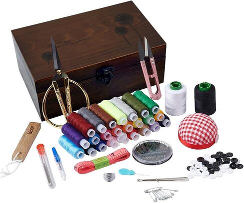 Sewing Kit, Wooden Sewing Kit Box for Adults, Wooden Sewing Basket with Accessories, Home Sewing Basket Stitching Repair Kit for Beginner, Women, Men,Vintage Embroidery Scissors Kit (Retro Brown) in Saudi Arabia
