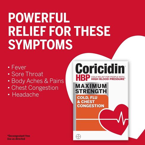 Coricidin HBP, Decongestant-Free Cold Symptom Relief for People with High Blood Pressure, Maximum Strength, Flu & Chest Congestion Liquid Gels, 24 Count in Kuwait